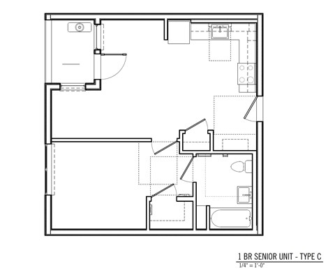 A floor plan of a 1 BR Senior Unit - Type C with a 1/4" = 1'-0" scale.